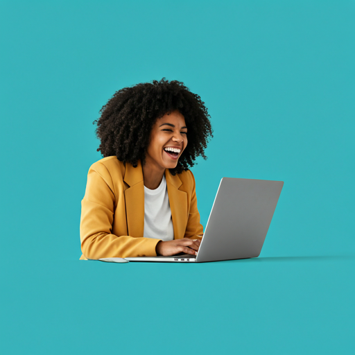Support Buddy operator at her laptop, laughing mid-conversation.