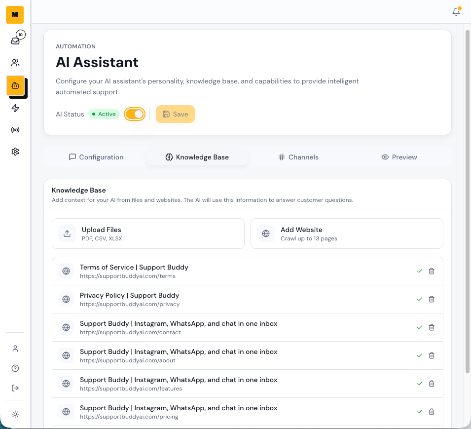 Support Buddy AI Assistant knowledge base with website sources and file uploads