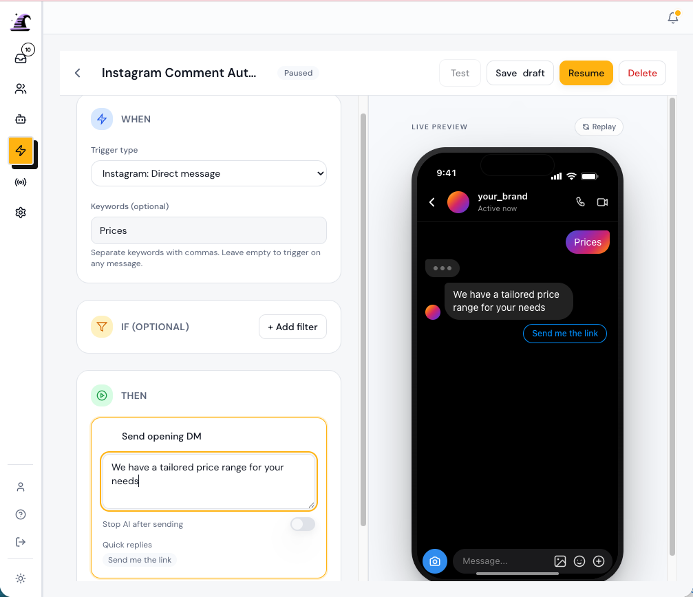 Support Buddy automation builder with vertical steps and channel preview