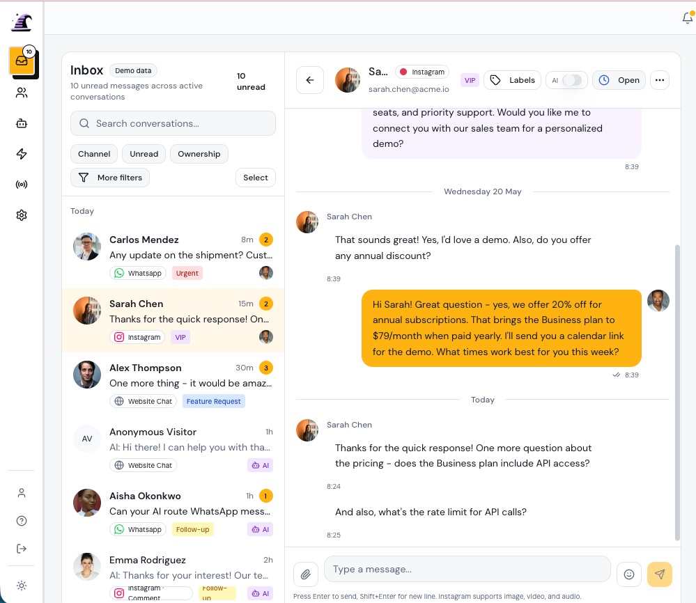 Support Buddy shared inbox with conversation list, thread, and contact panel