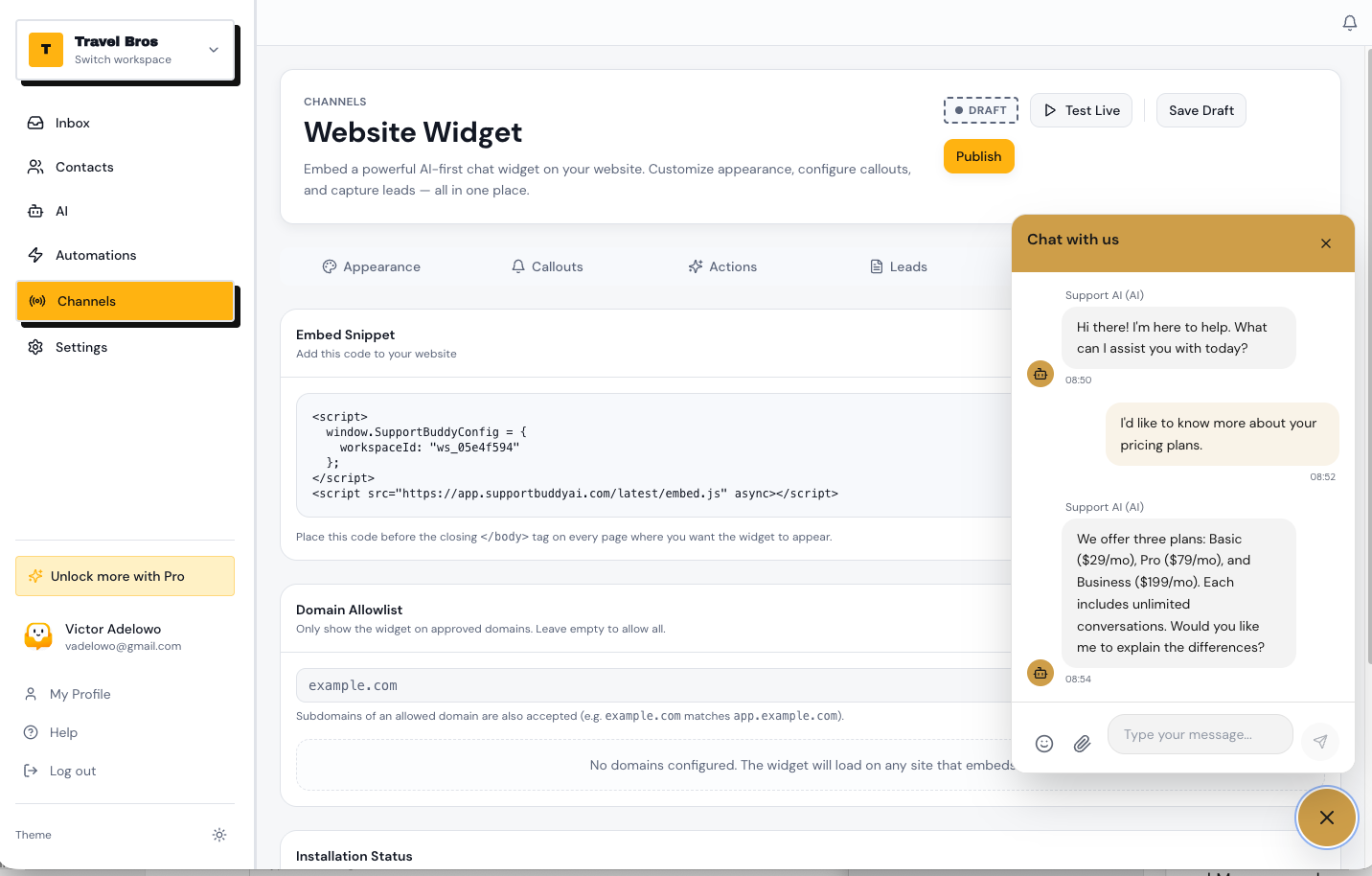 Support Buddy website chat widget settings and live preview
