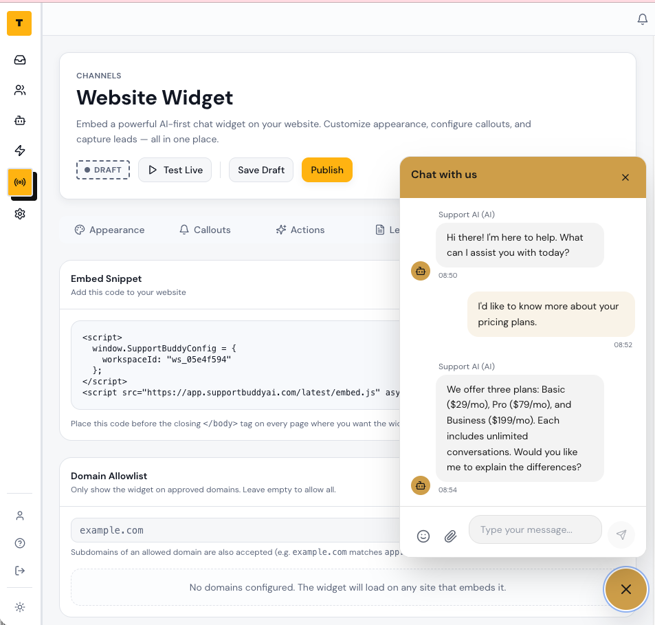 Support Buddy website chat widget settings and live preview